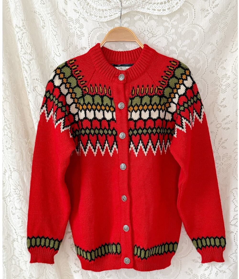 Vintage Dale of Norway Red Nordic Fair Isle Wool Cardigan